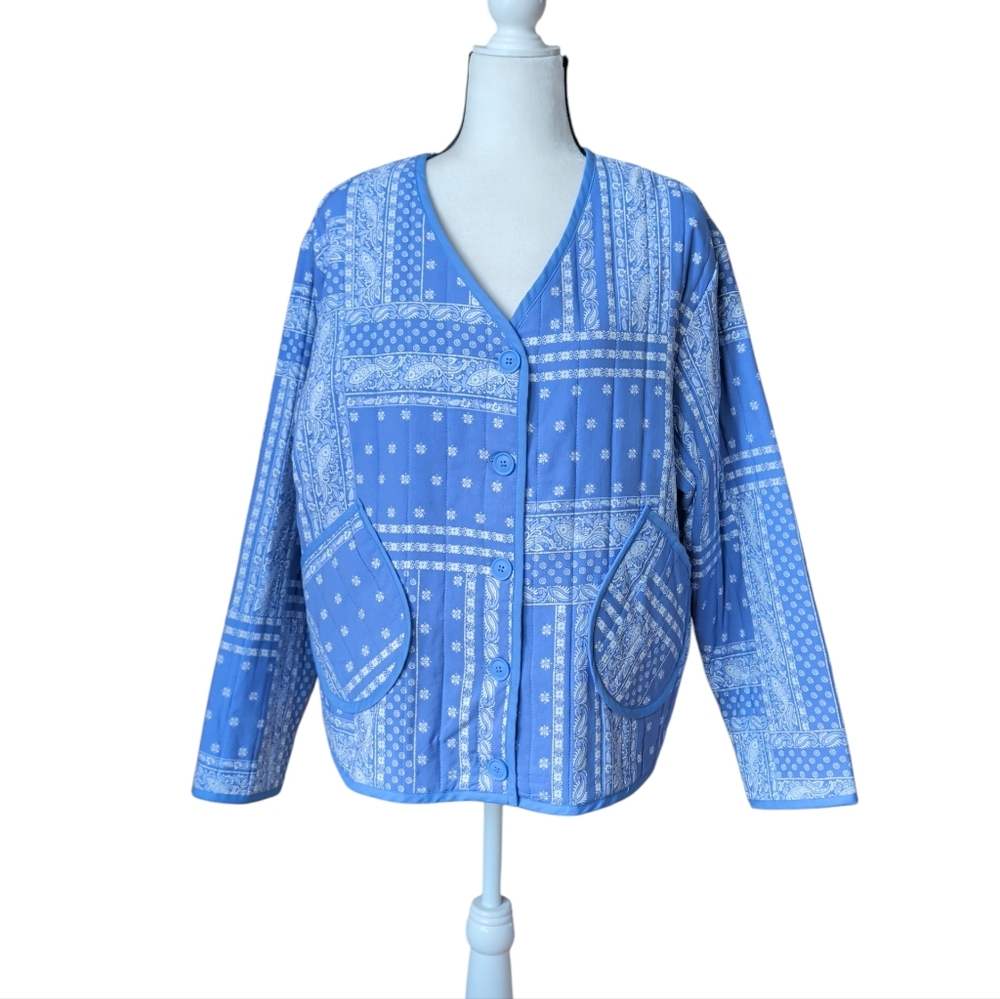 Como Vintage Quilted Patchwork Paisley Jacket XXL Blue White Periwinkle Pockets